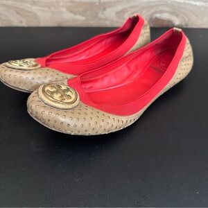 Tory Burch Tan Red Elastic Slip On Round Toe Leather Reva Ballet Flats Women’s 7